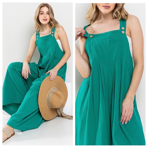 05 Solid Linen Blend Three Buttons Adjustable Strap Jumpsuit - Picture 5 of 5